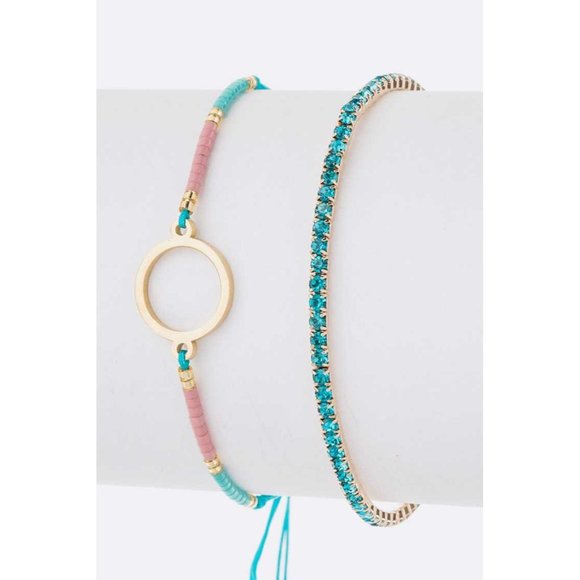 DIONA J SEED BEADS STRING RHINESTONE BRACELET SET COLOR GOLD/TURQUOISE - Picture 1 of 3